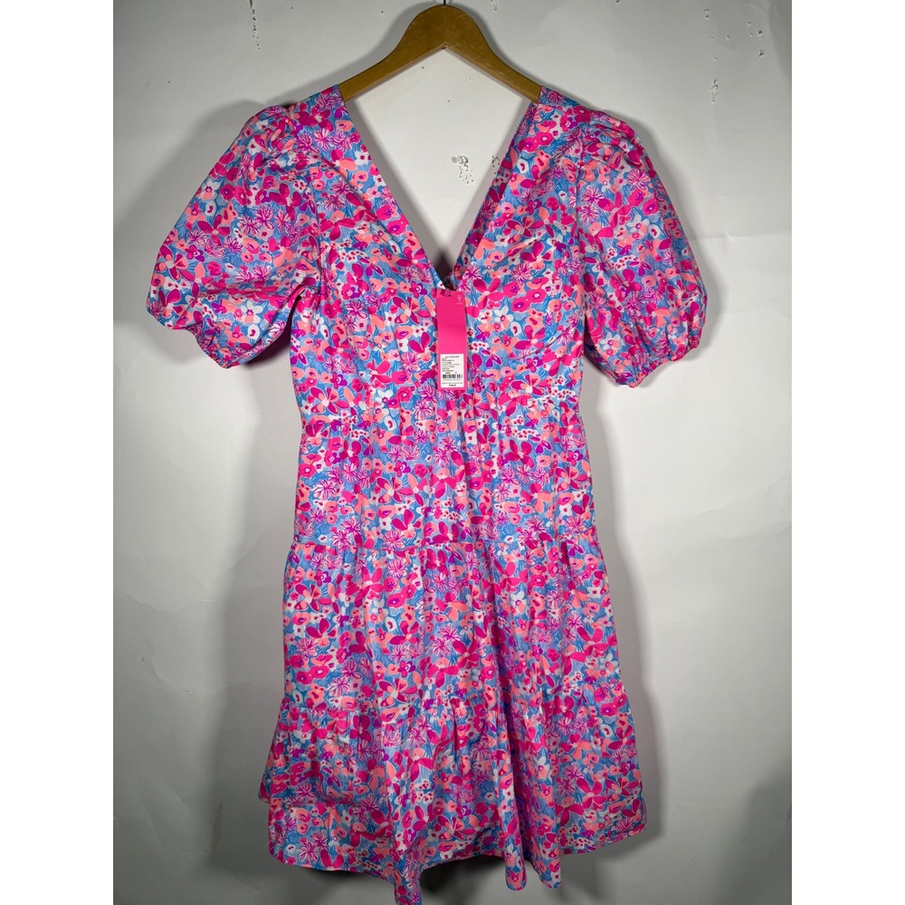 Lilly Pulitzer Nalani Pink Floral Puff Sleeve Mini Dress Cutout Back Size 10